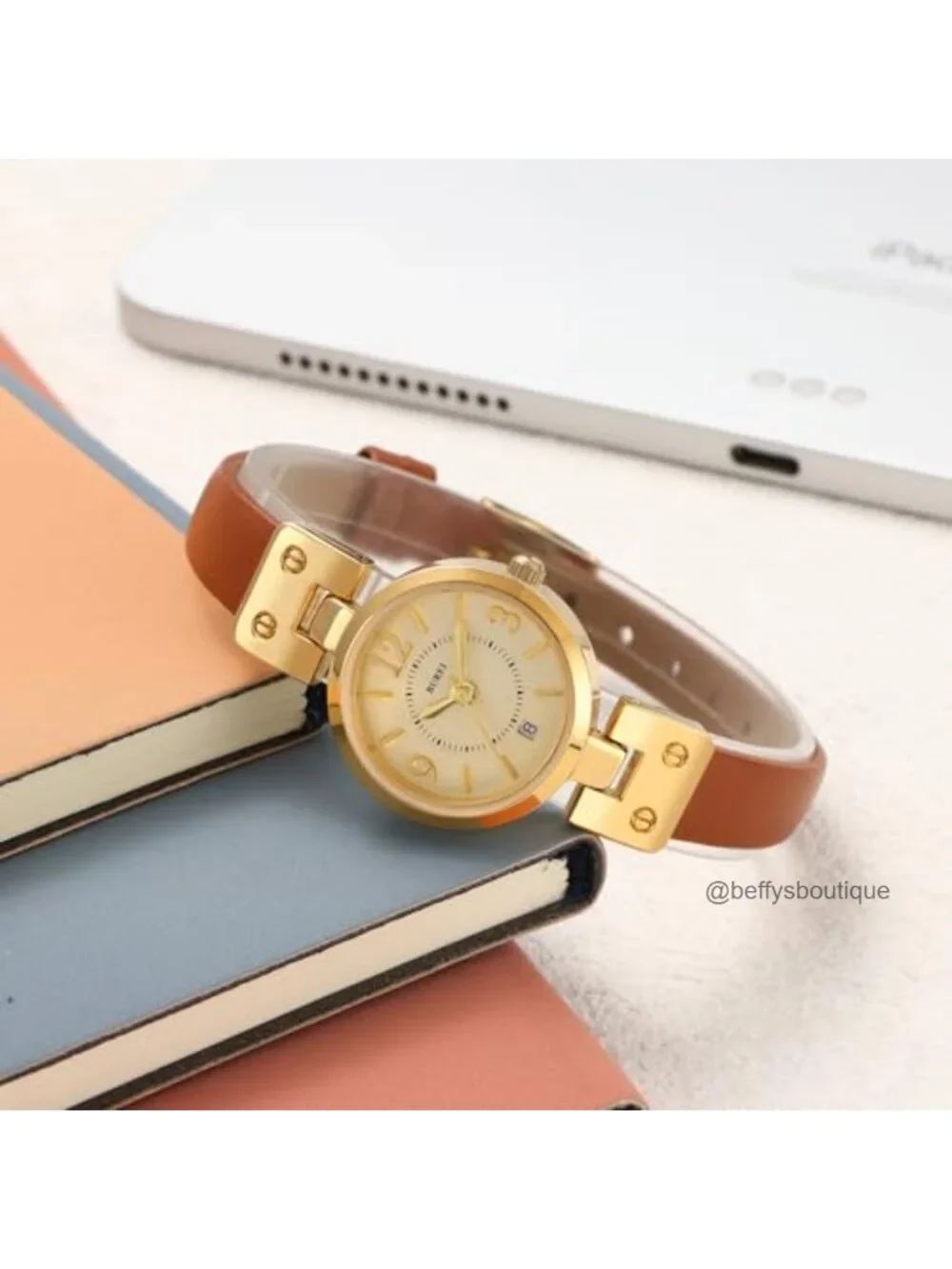 Women's Minimalist Quartz Watch with Leather Strap, 25mm Gold Dial